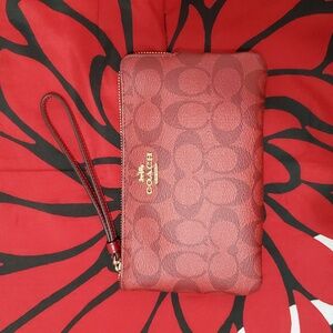 Coach Signature Red Singular 2 Card Wallet Wristlet